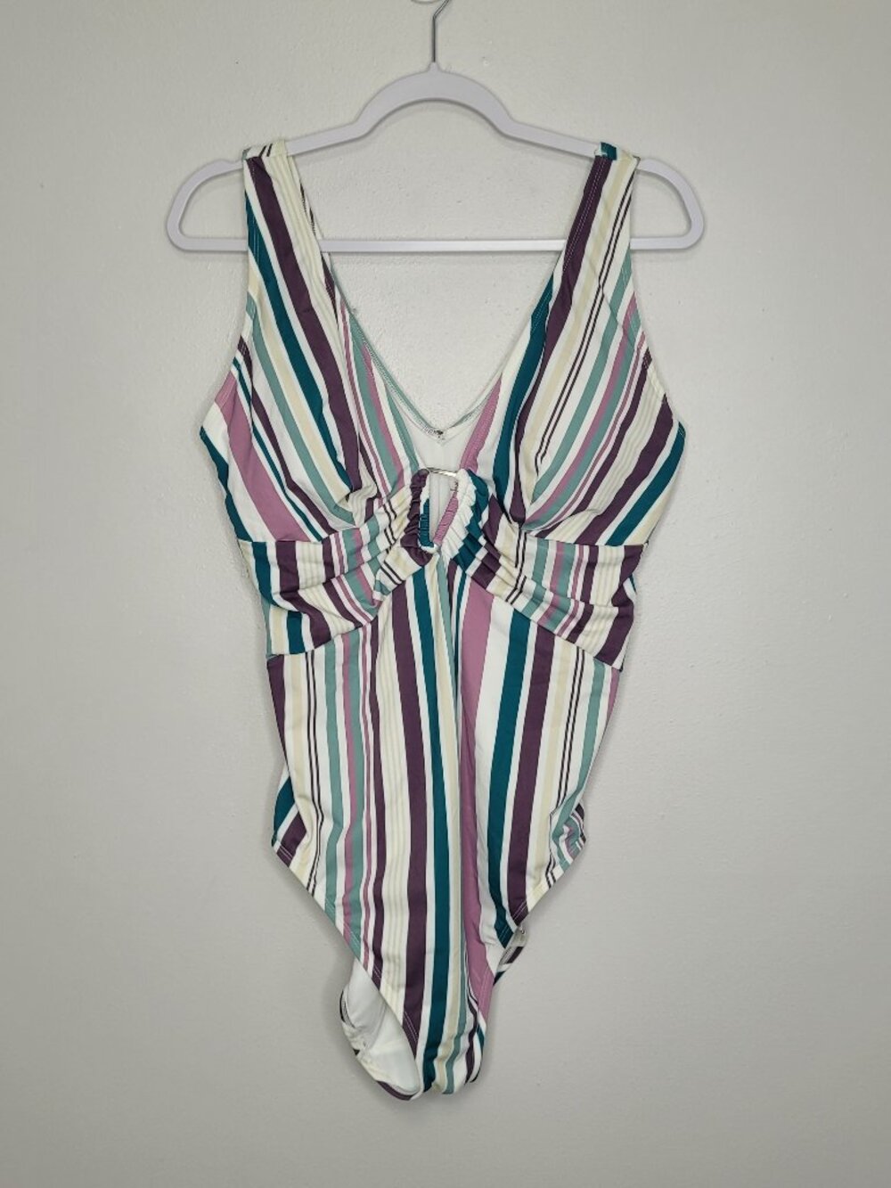 Adore Me white purple teal striped plus size one piece beachy swimsuit NWT 2x